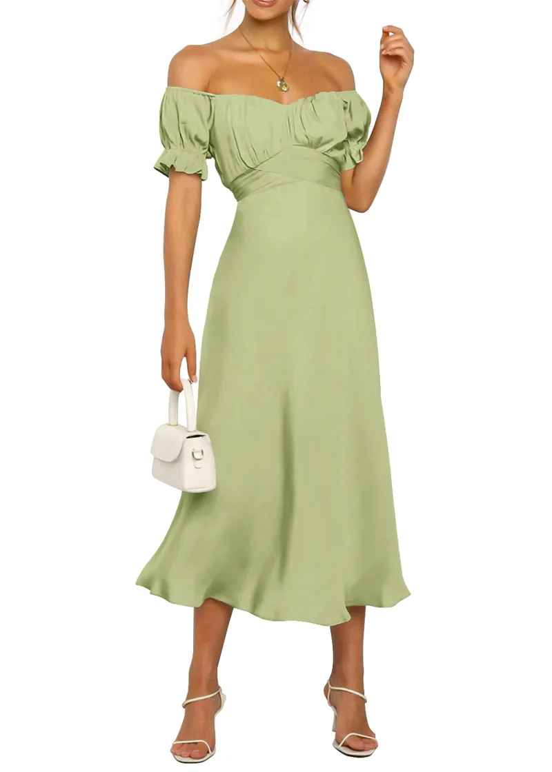 KIRUNDO Satin Off-Shoulder Dress in Tender Green
