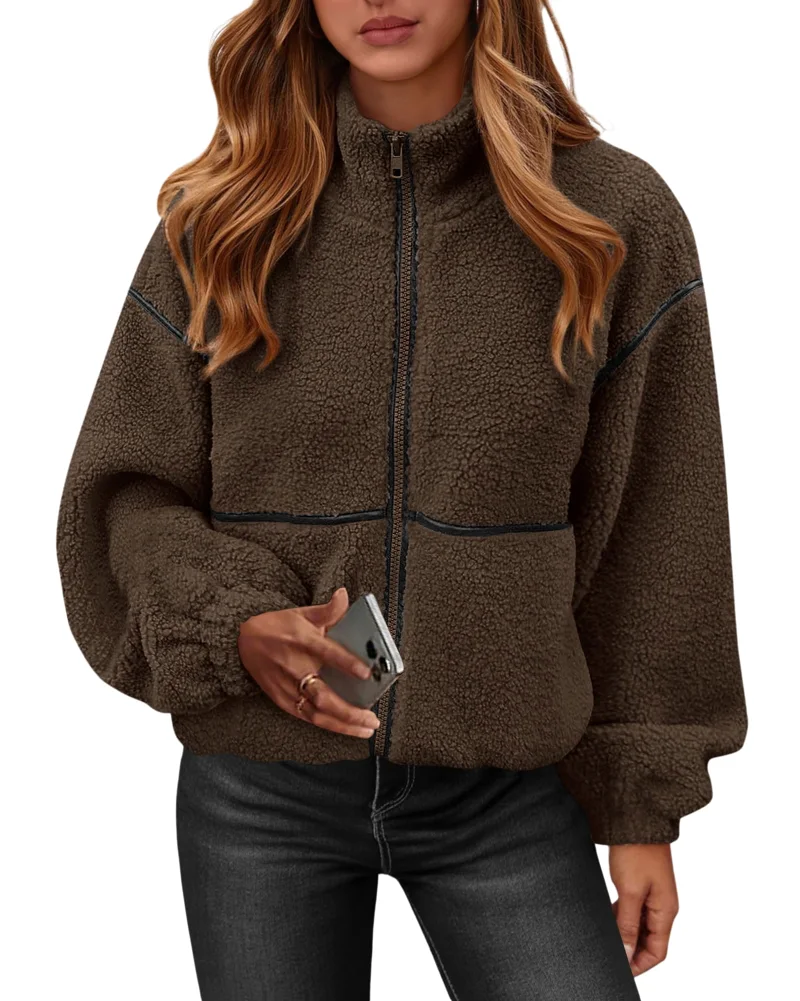 KIRUNDO Sherpa Fleece Zip-Up Jacket in Brown