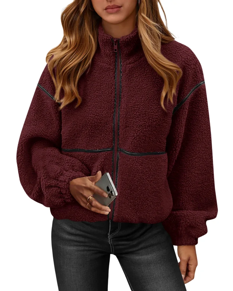 KIRUNDO Sherpa Fleece Zip-Up Jacket in Burgundy