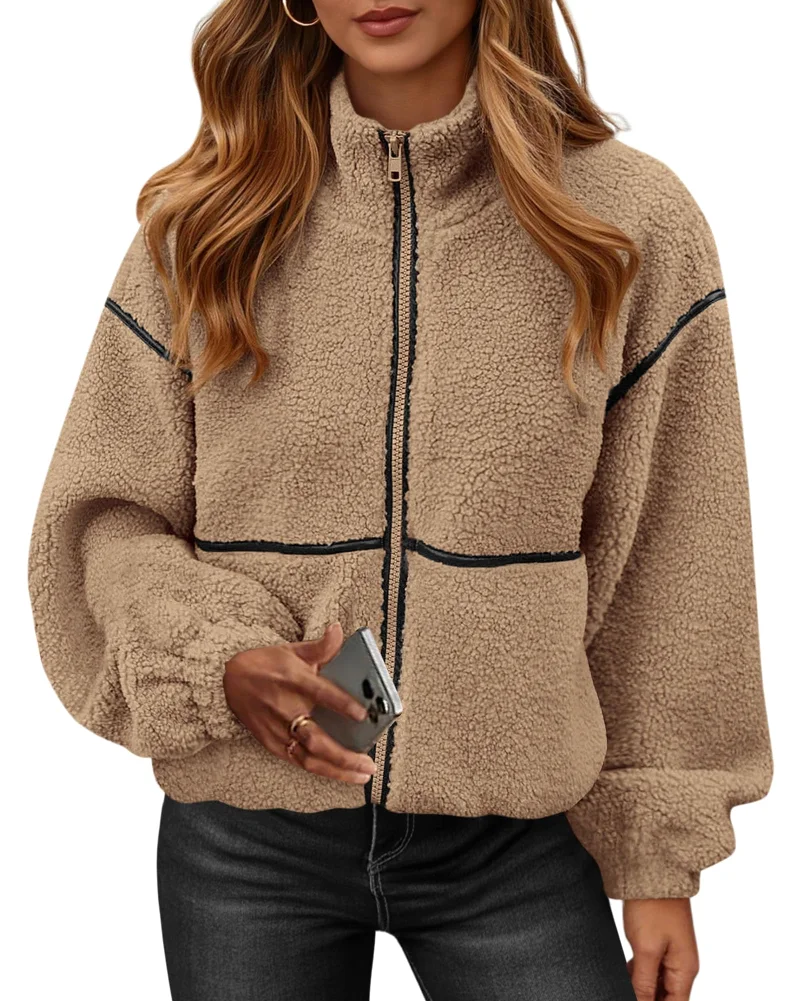 KIRUNDO Sherpa Fleece Zip-Up Jacket in Khaki