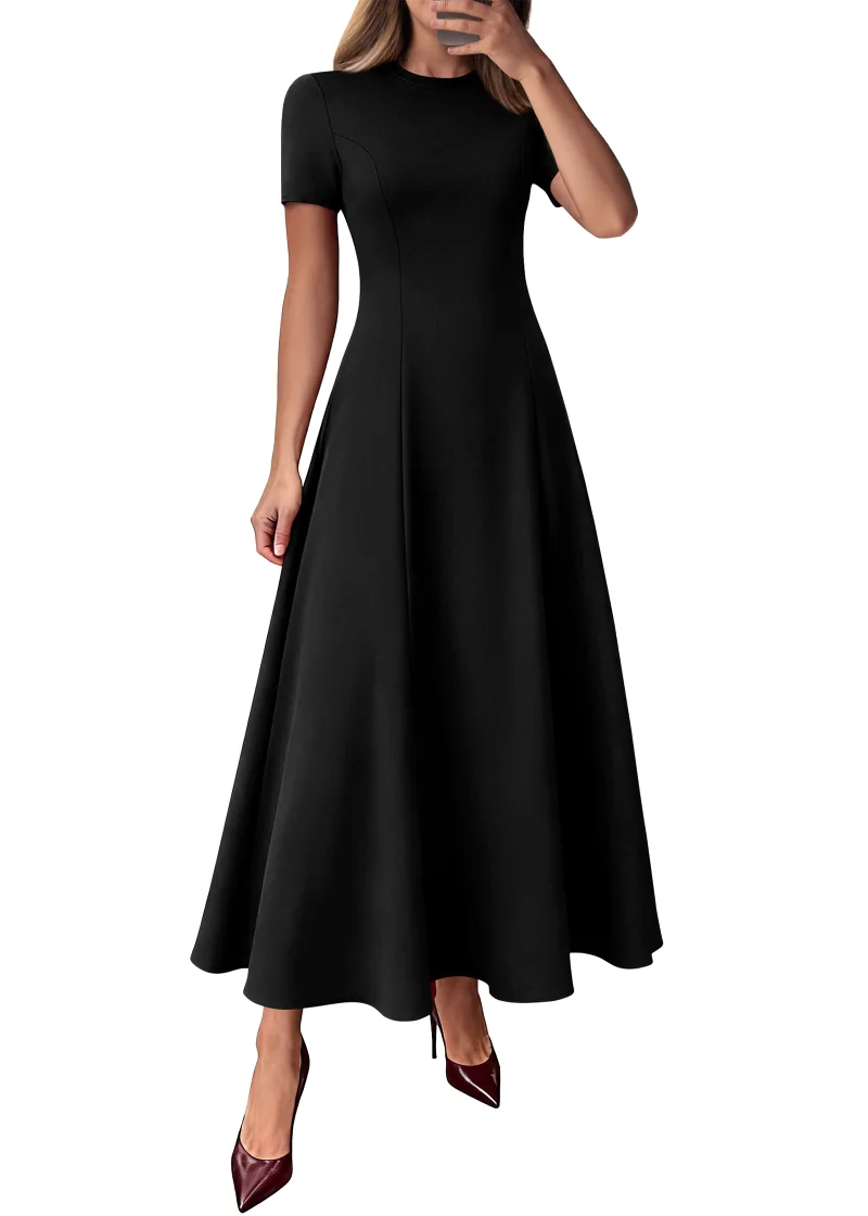 KIRUNDO Short Sleeve A-Line Maxi Dress in Black