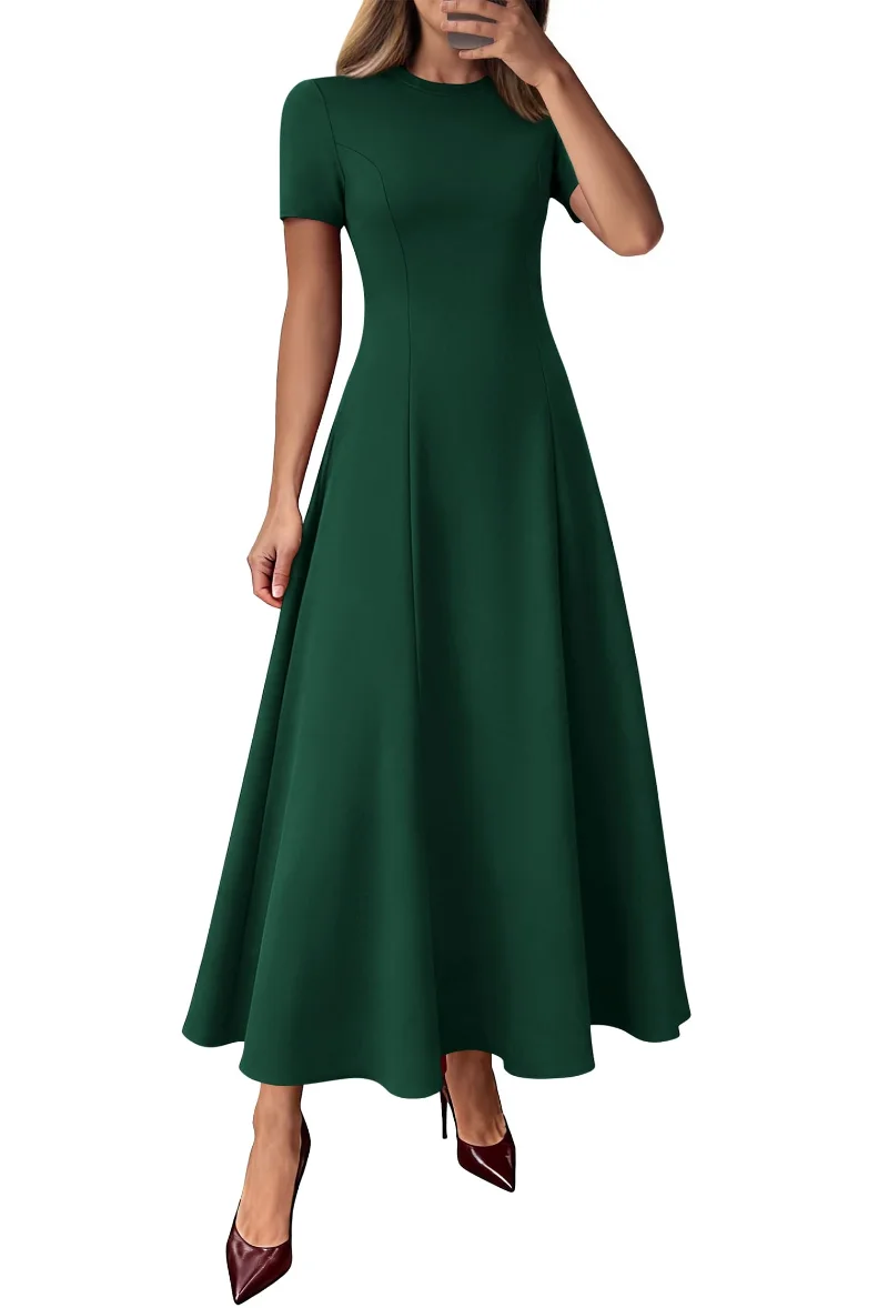 KIRUNDO Short Sleeve A-Line Maxi Dress in Dark Green
