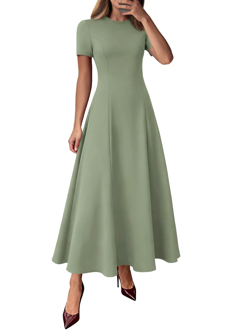 KIRUNDO Short Sleeve A-Line Maxi Dress in Sage Green