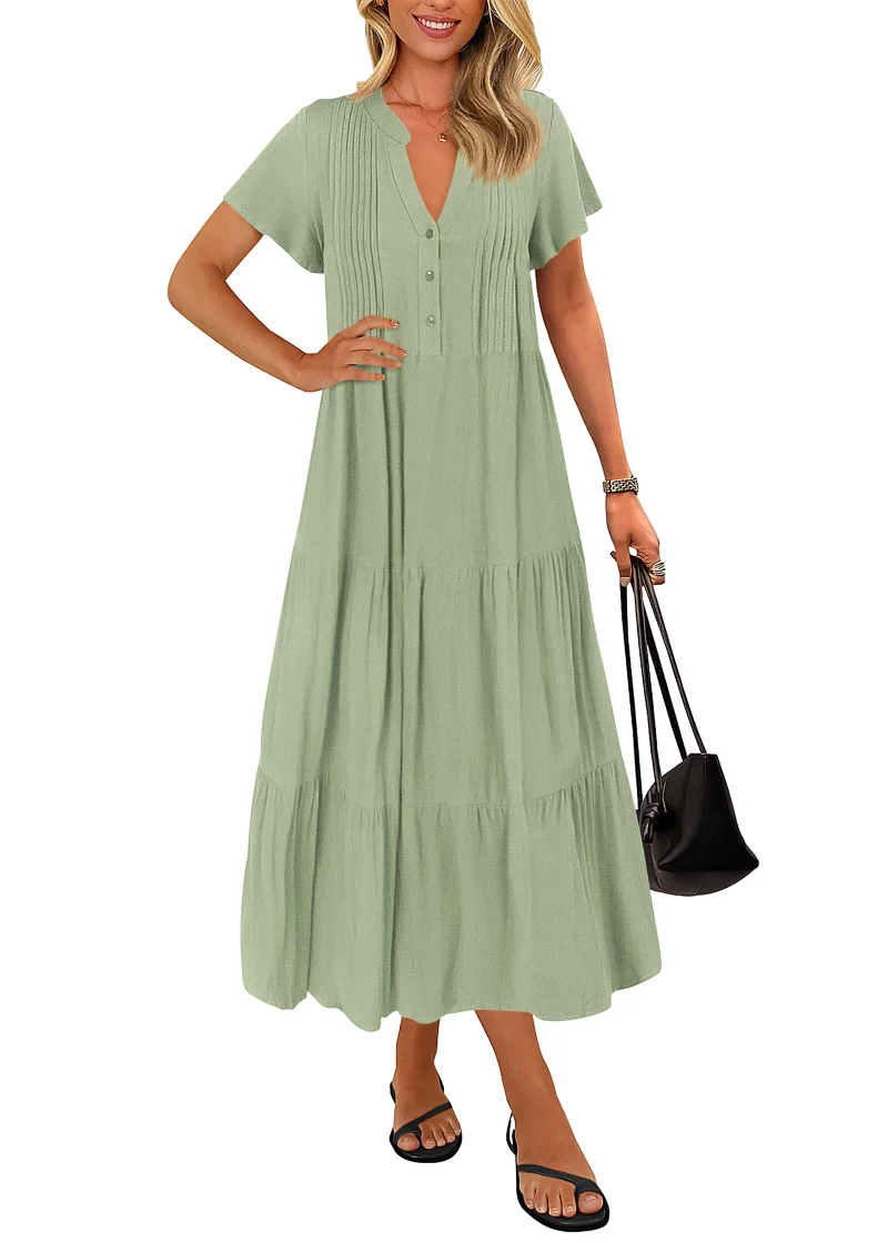 KIRUNDO Short Sleeve Pocket Maxi Dress in Bean Green