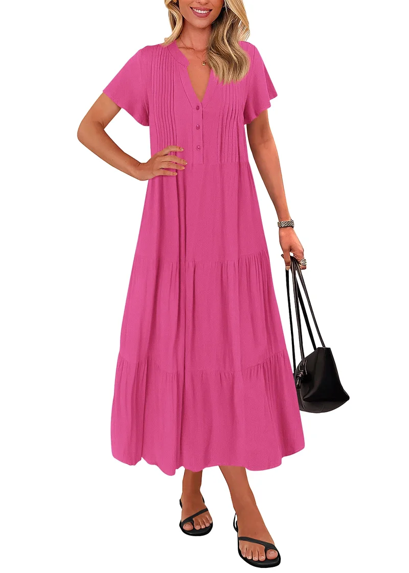 KIRUNDO Short Sleeve Pocket Maxi Dress in Rose Red
