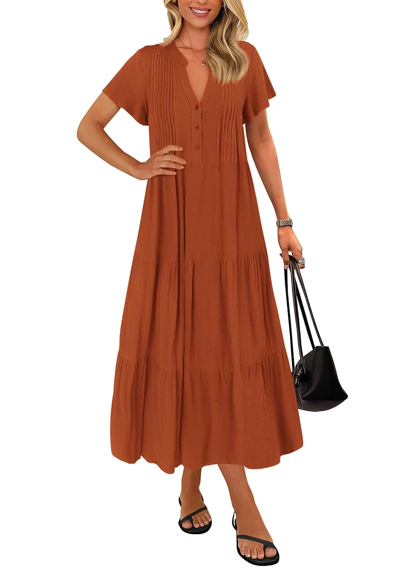 KIRUNDO Short Sleeve Pocket Maxi Dress in Rust Red