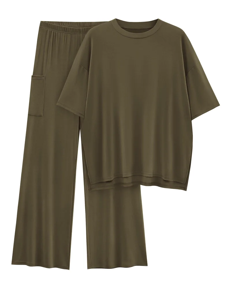KIRUNDO Short Sleeve Wide Leg Lounge Set in Army Green