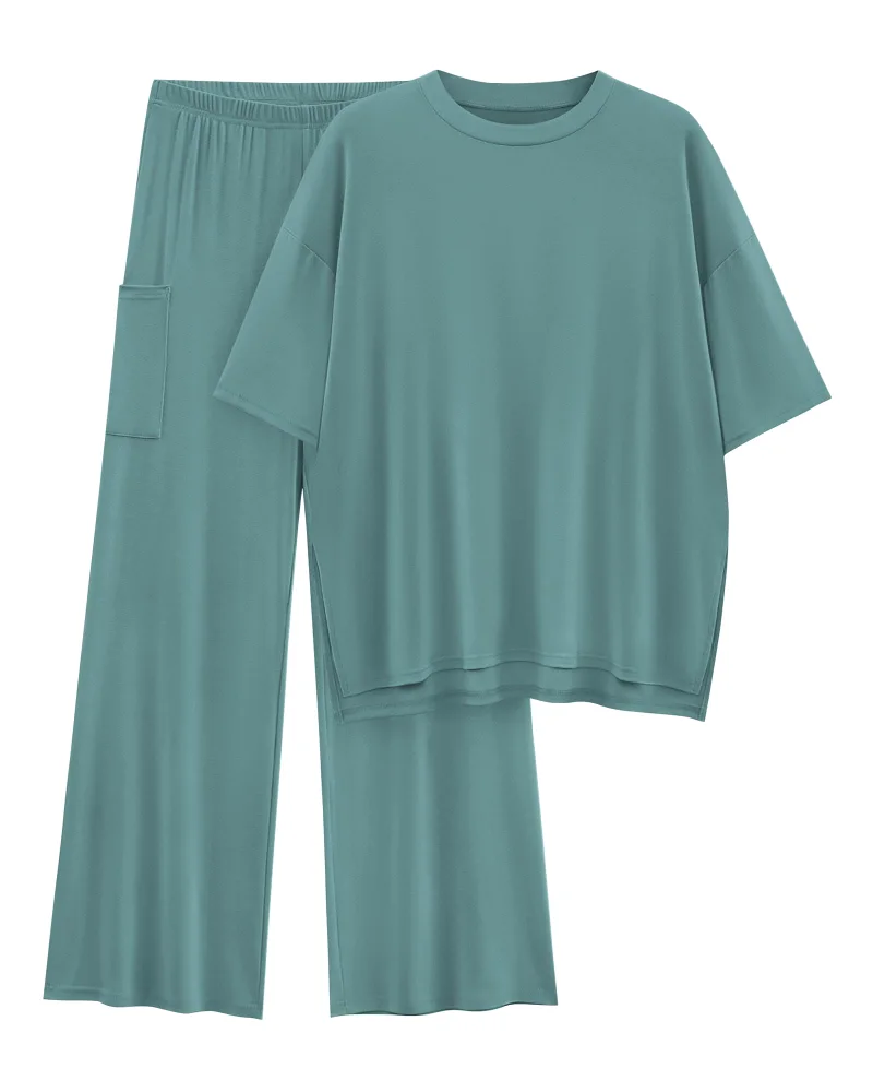 KIRUNDO Short Sleeve Wide Leg Lounge Set in Fruit Green