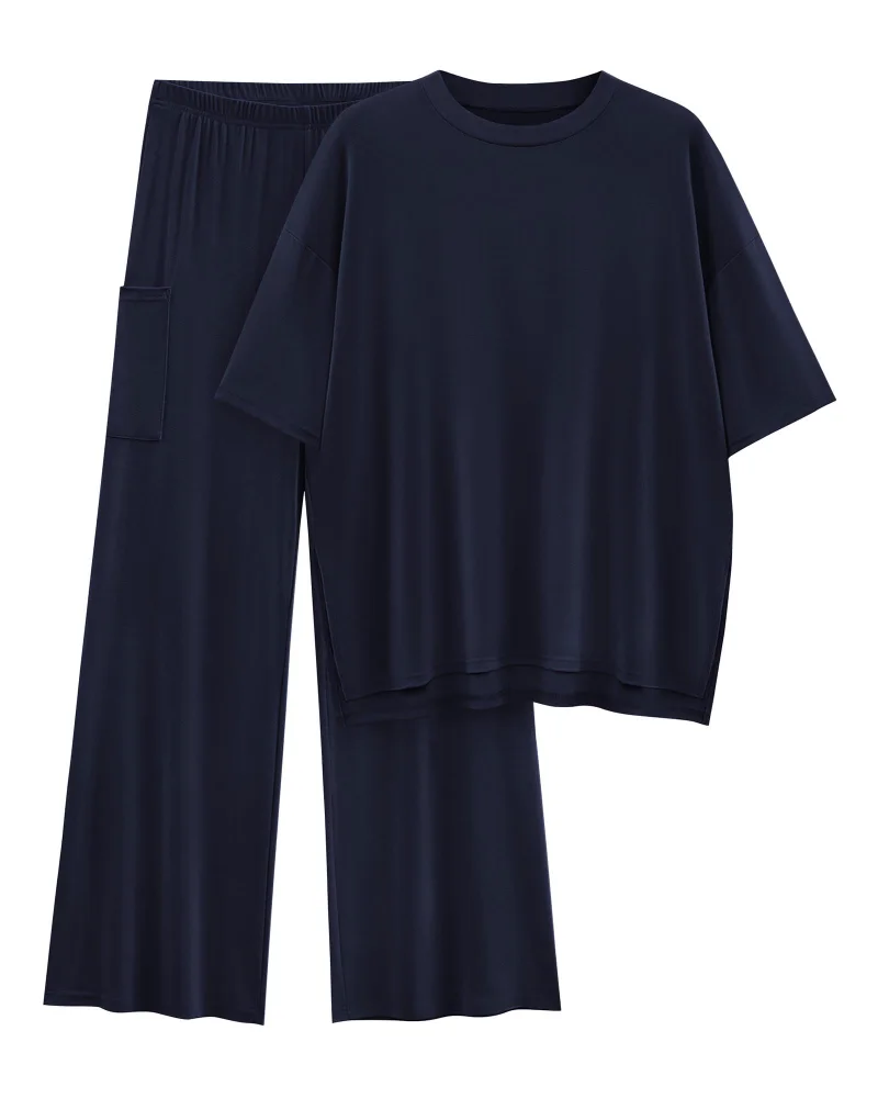 KIRUNDO Short Sleeve Wide Leg Lounge Set in Navy
