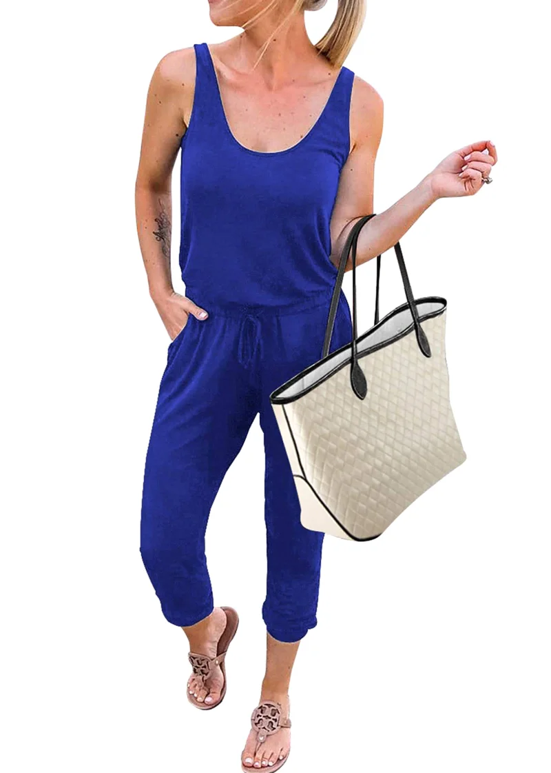 KIRUNDO Sleeveless Drawstring Jogger Jumpsuit in Blue