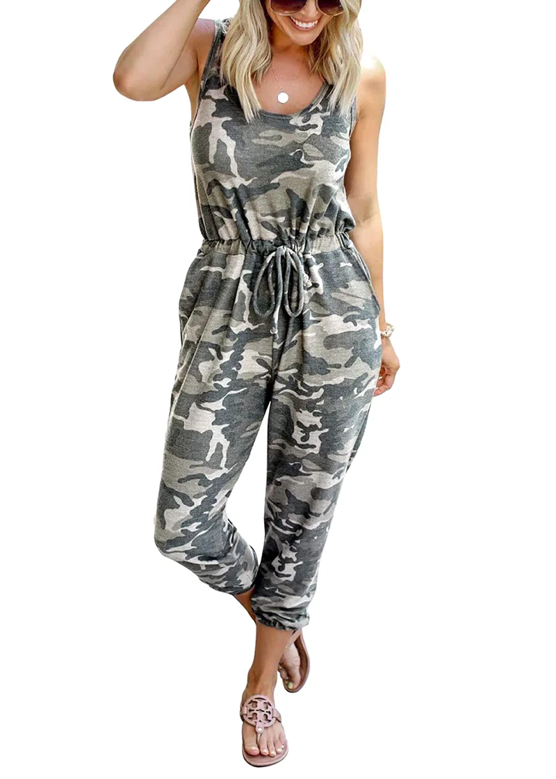 KIRUNDO Sleeveless Drawstring Jogger Jumpsuit in Camouflage
