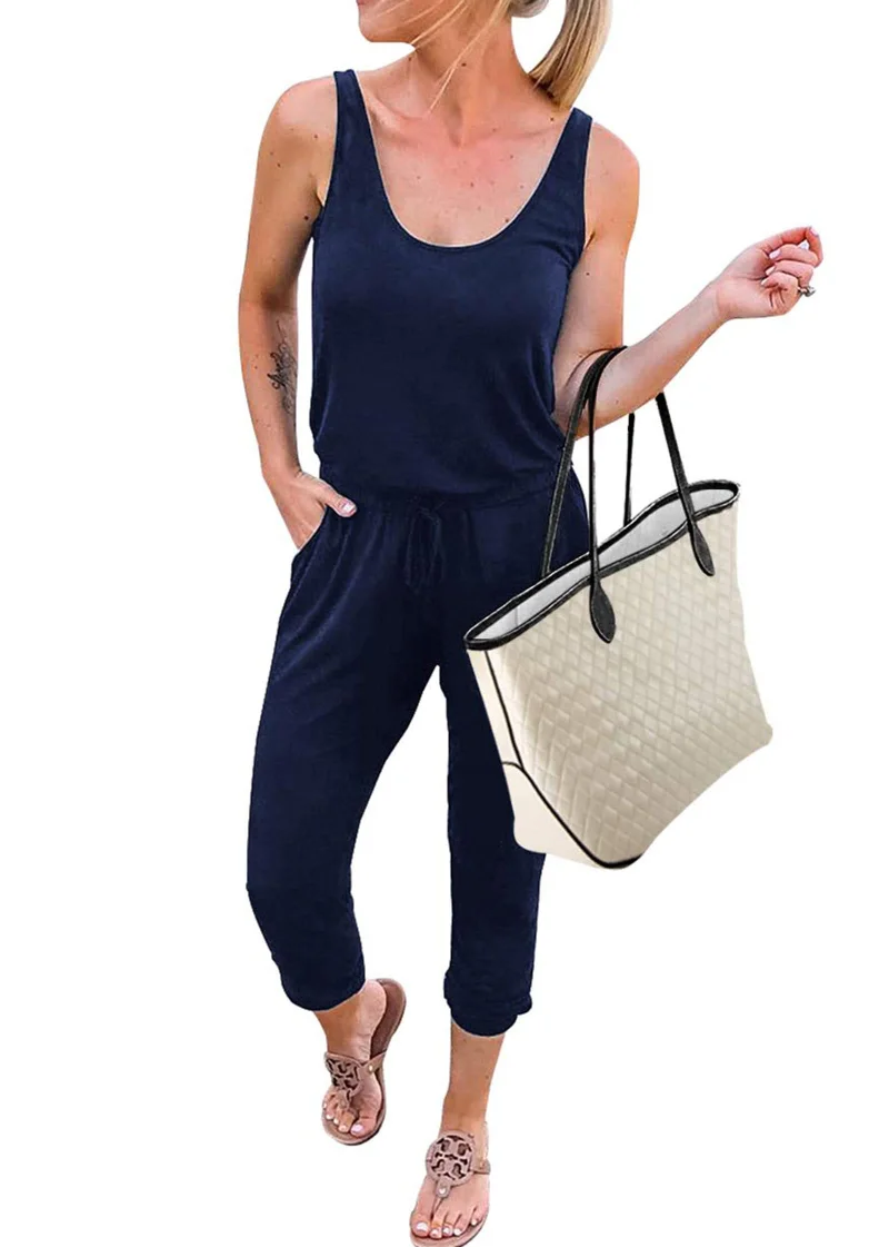 KIRUNDO Sleeveless Drawstring Jogger Jumpsuit in Navy