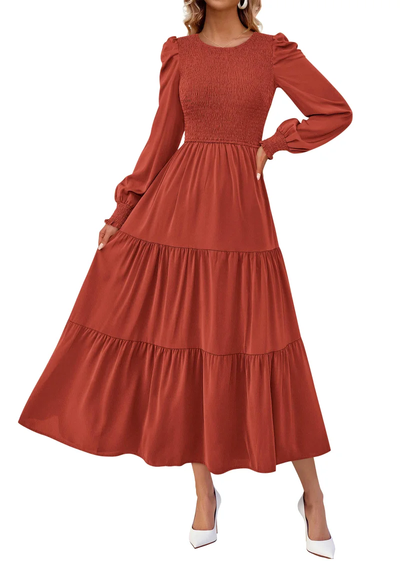 KIRUNDO Smocked A-Line Crewneck Maxi Dress in Brick Red
