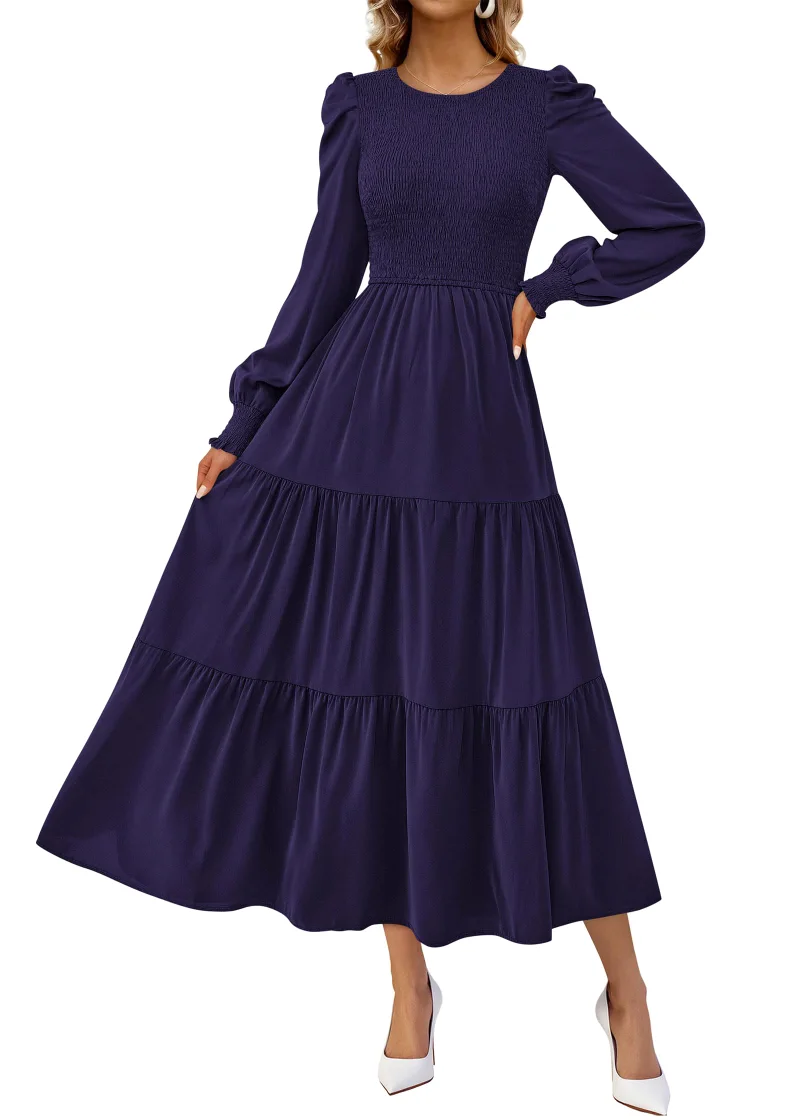 KIRUNDO Smocked A-Line Crewneck Maxi Dress in Navy