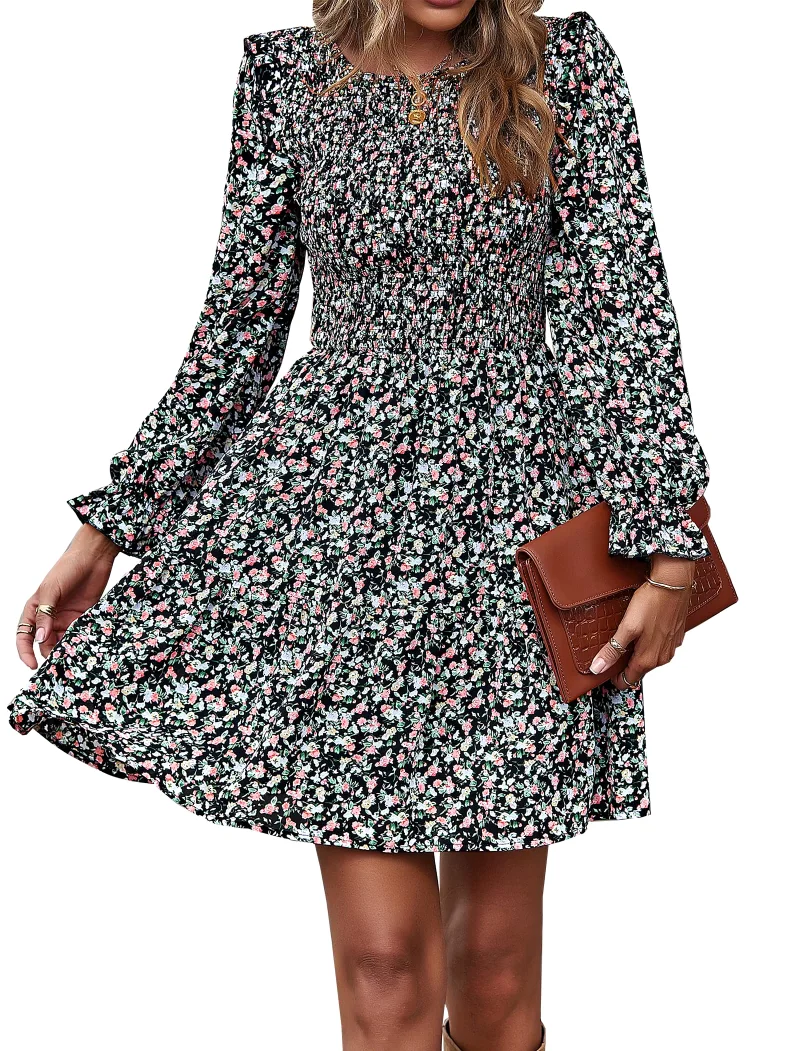 KIRUNDO Smocked Floral Ruffle Mini Dress in Black