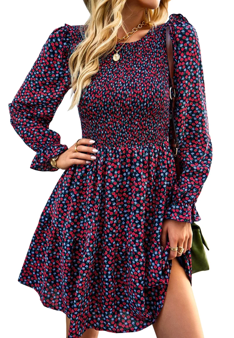 KIRUNDO Smocked Floral Ruffle Mini Dress in Navy