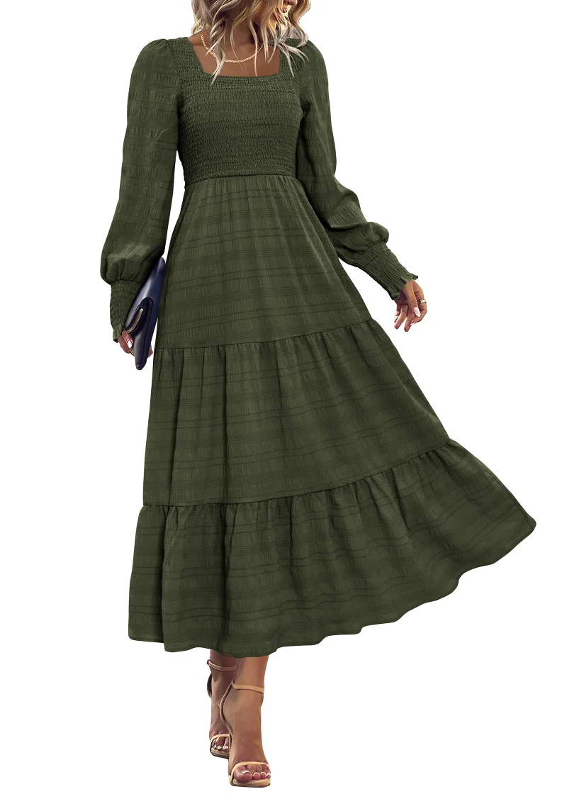 KIRUNDO Smocked Long Sleeve High-Waist Maxi Dress in Army Green