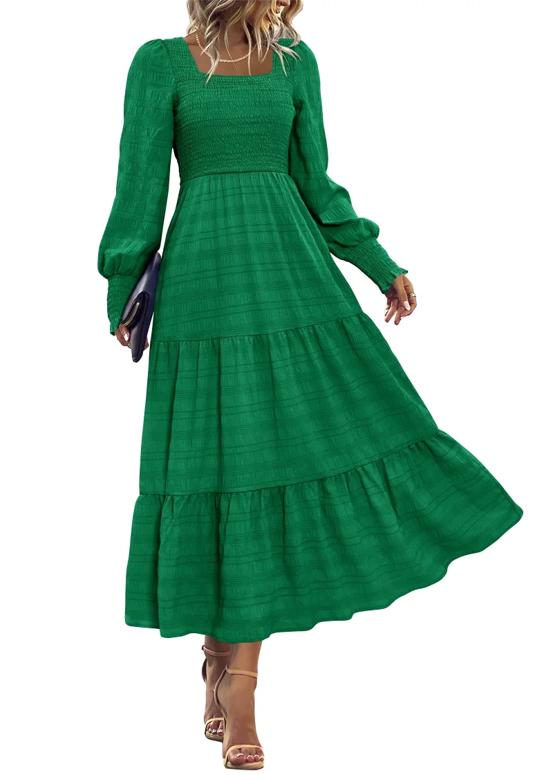 KIRUNDO Smocked Long Sleeve High-Waist Maxi Dress in Green