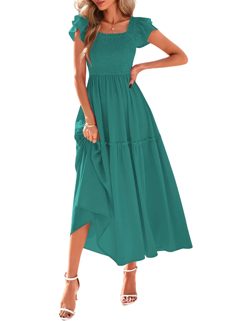 KIRUNDO Smocked Midi Dress in Blue Green