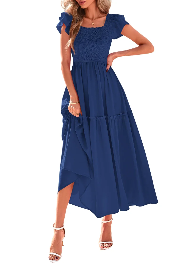 KIRUNDO Smocked Midi Dress in Dark Blue
