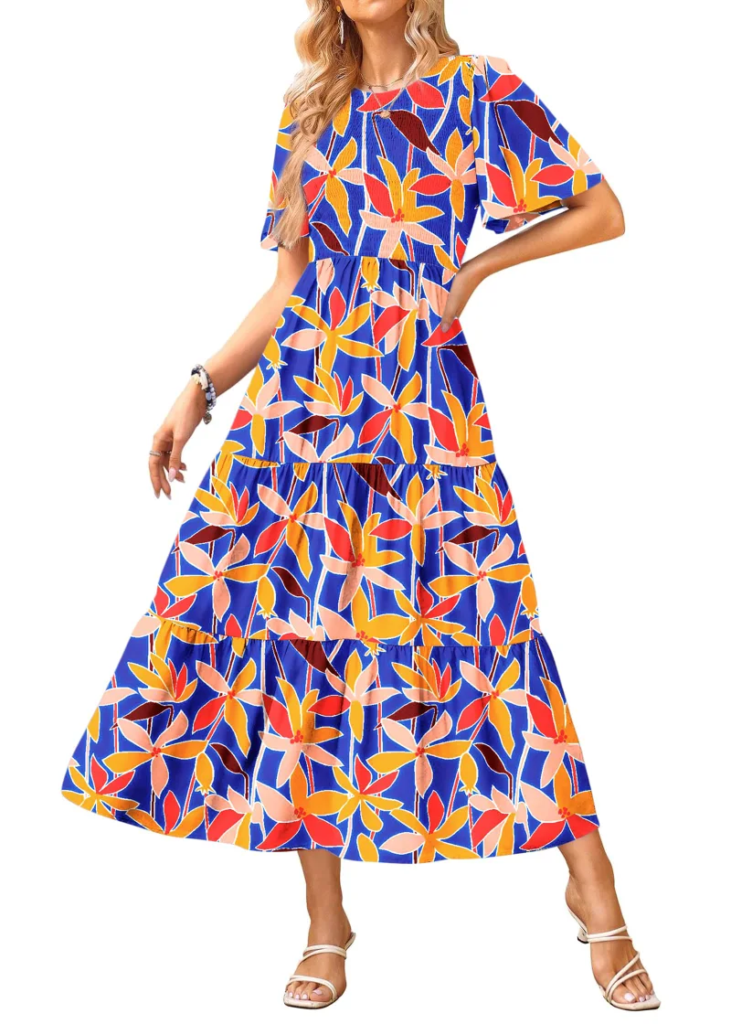 KIRUNDO Smocked Short Sleeve Flowy Midi Dress in Leaves Blue