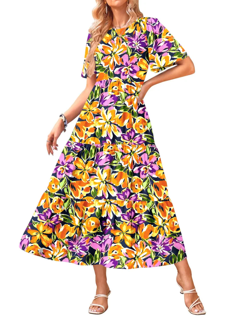 KIRUNDO Smocked Short Sleeve Flowy Midi Dress in Navy Yellow Purple
