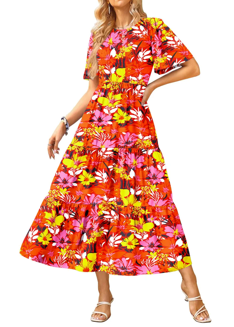 KIRUNDO Smocked Short Sleeve Flowy Midi Dress in Red Yellow Pink