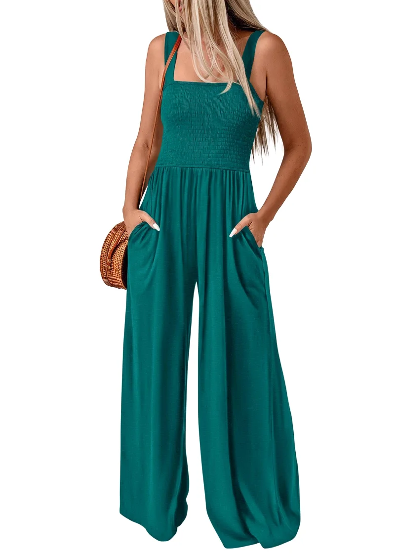 KIRUNDO Smocked Wide Leg Jumpsuit in Peacock Blue