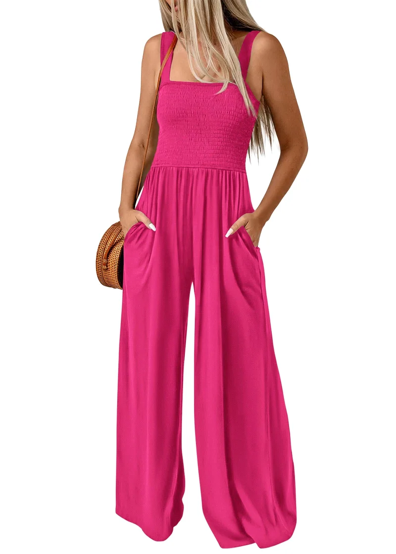 KIRUNDO Smocked Wide Leg Jumpsuit in Rose Red