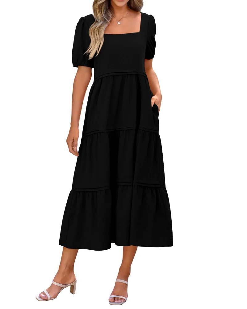 KIRUNDO Square Neck Puff Sleeve Flowy Maxi Dress in Black