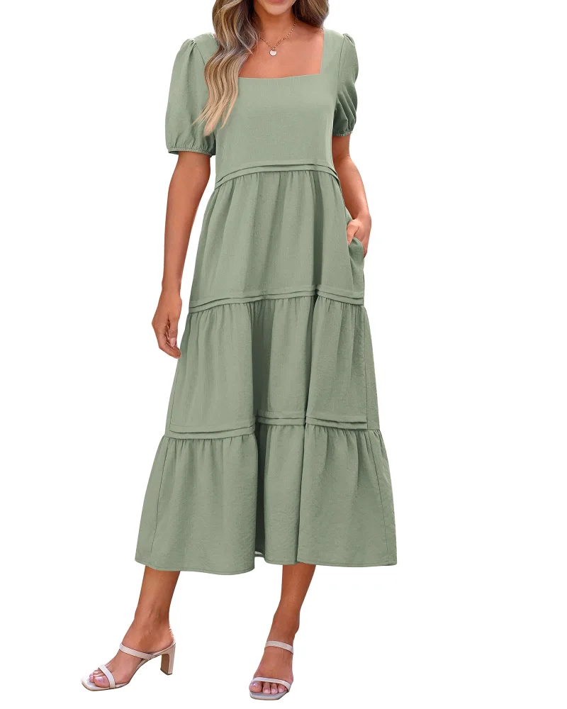 KIRUNDO Square Neck Puff Sleeve Flowy Maxi Dress in Light Green