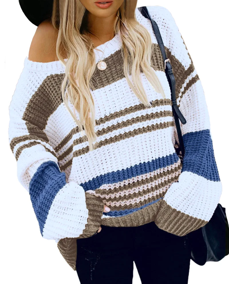 KIRUNDO Striped Crewneck Long Sleeve Sweater in Brown Wide Stripe