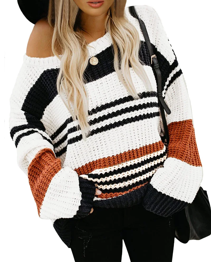 KIRUNDO Striped Crewneck Long Sleeve Sweater in Orange