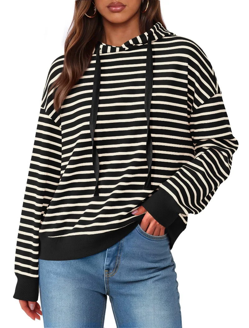 KIRUNDO Striped Long Sleeve Drawstring Hoodie in Black