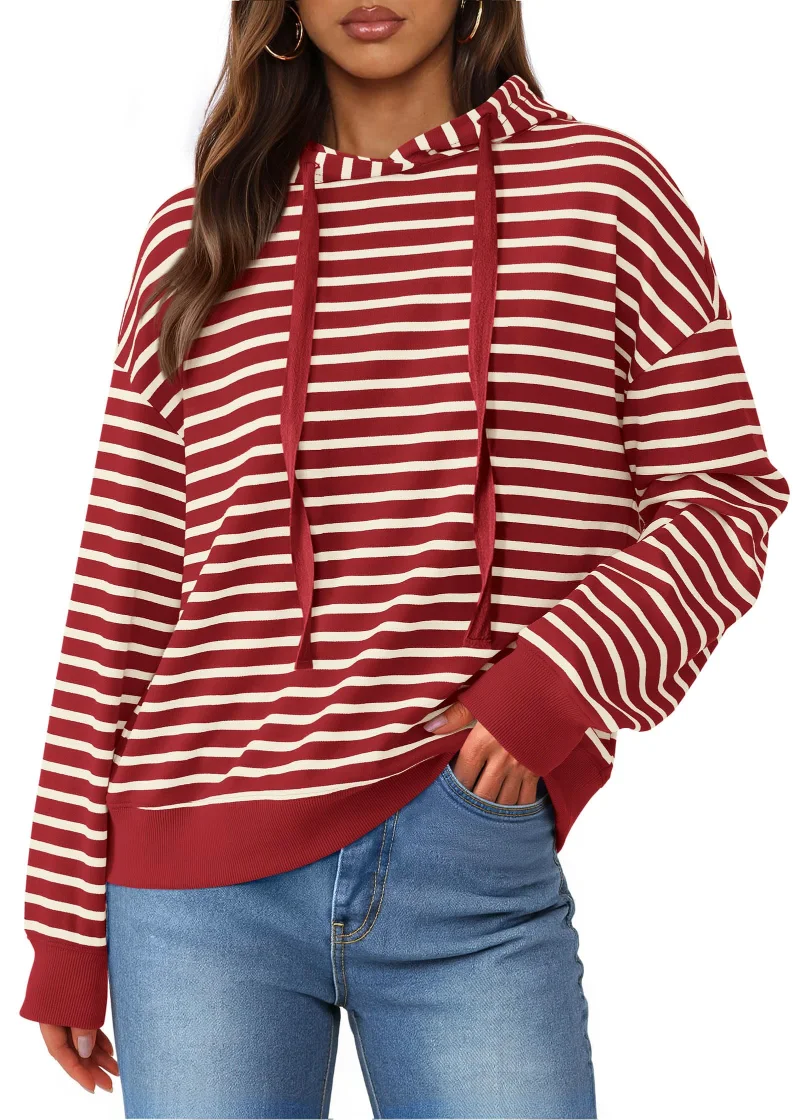 KIRUNDO Striped Long Sleeve Drawstring Hoodie in Red