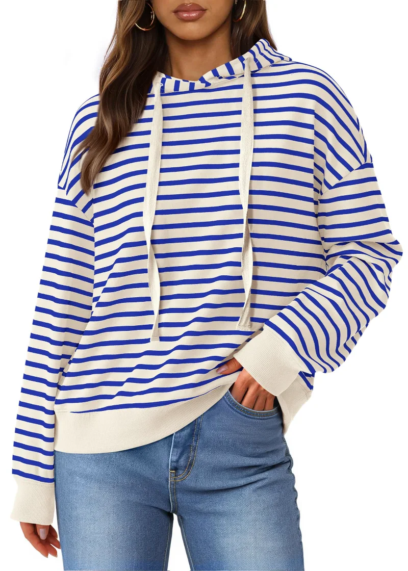 KIRUNDO Striped Long Sleeve Drawstring Hoodie in Stripe Blue Beige