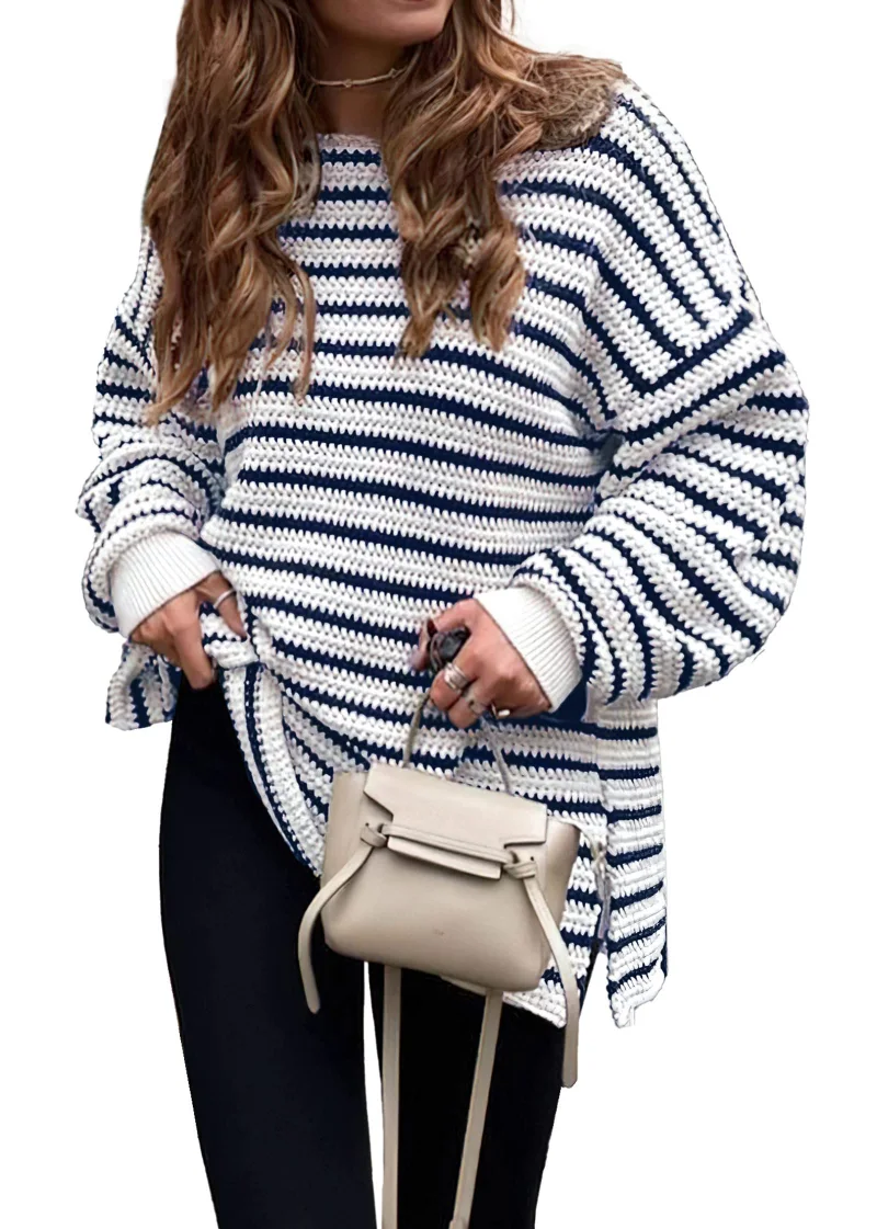 KIRUNDO Striped Oversized Sweater in Striped Dark Blue
