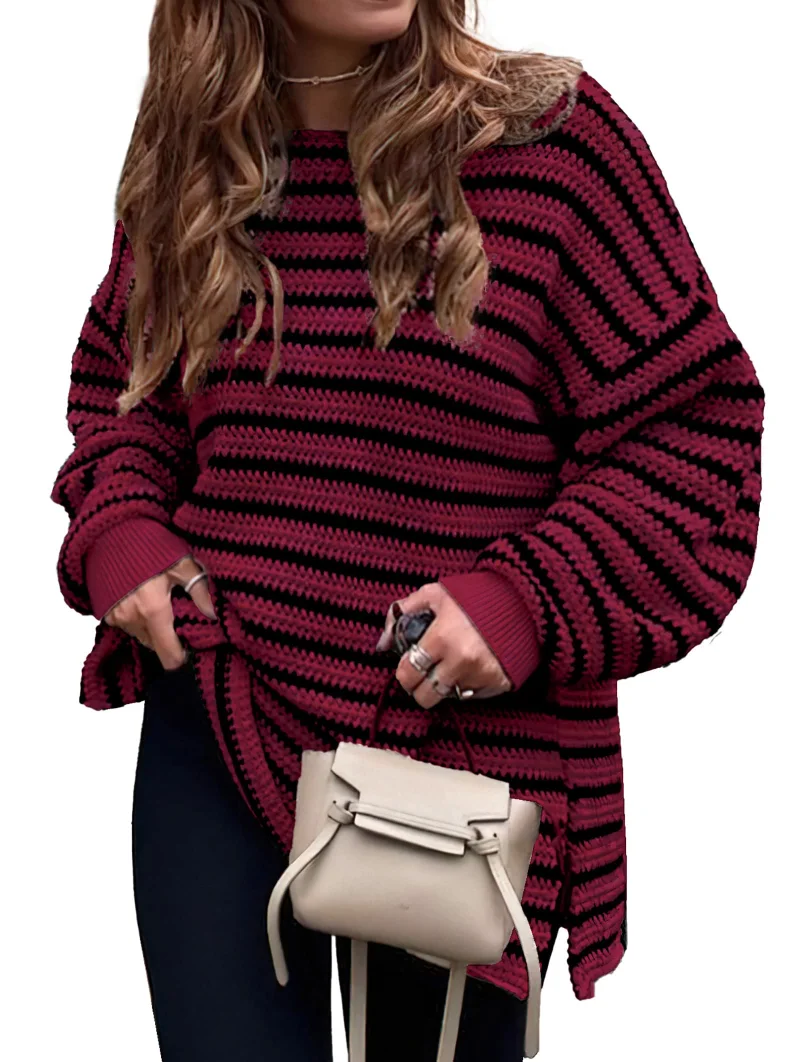 KIRUNDO Striped Oversized Sweater in Wine Red