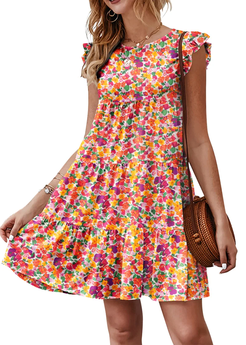 KIRUNDO Tiered Flutter Sleeve Babydoll Dress in White Orange Floral