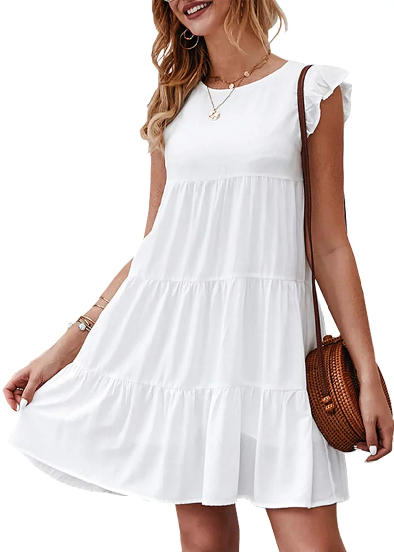 KIRUNDO Tiered Flutter Sleeve Babydoll Dress in White