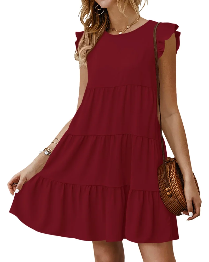 KIRUNDO Tiered Flutter Sleeve Babydoll Dress in Wine Red