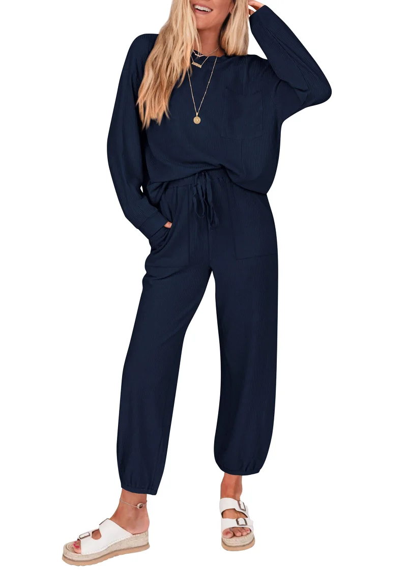 KIRUNDO Waffle Knit Jogger Lounge Set in Navy