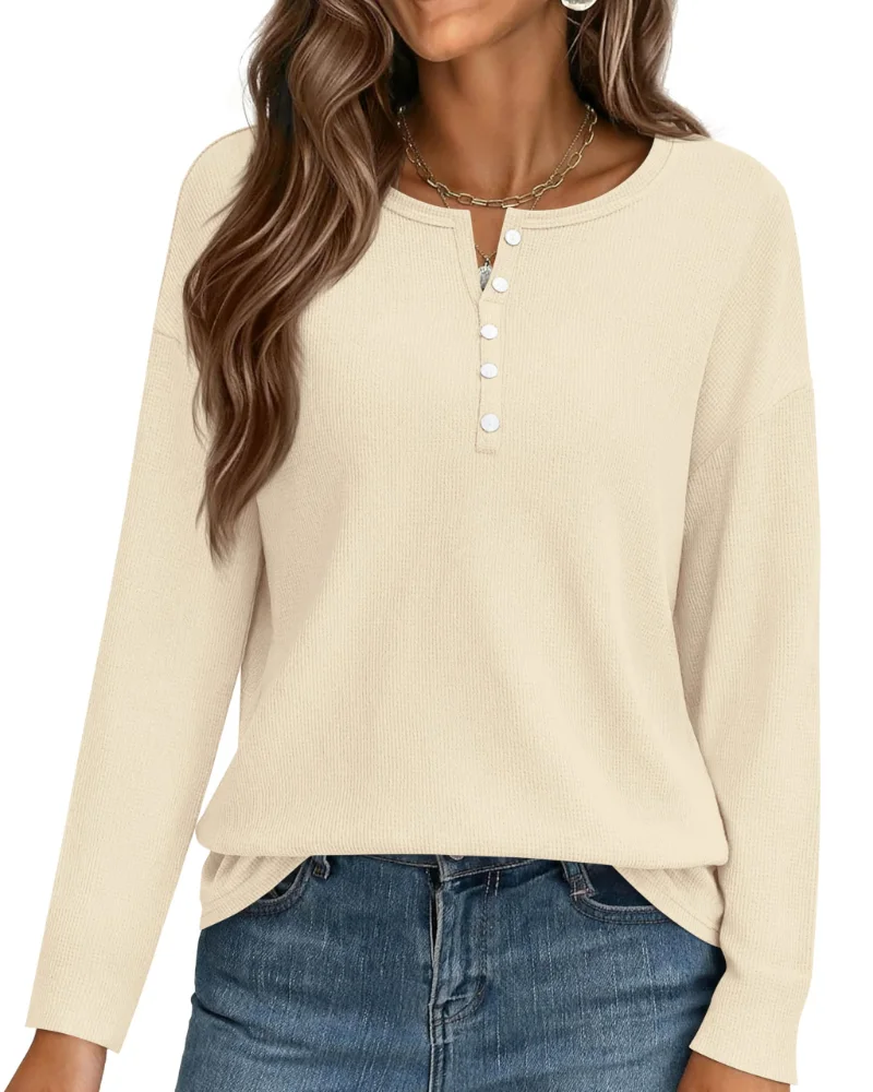 KIRUNDO Waffle Knit Oversized Henley Shirt in Apricot