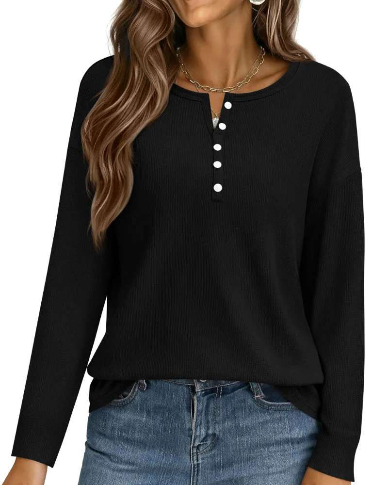 KIRUNDO Waffle Knit Oversized Henley Shirt in Black