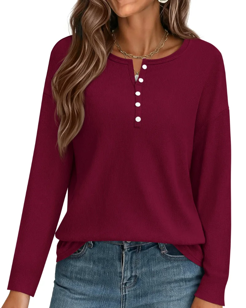 KIRUNDO Waffle Knit Oversized Henley Shirt in Burgundy