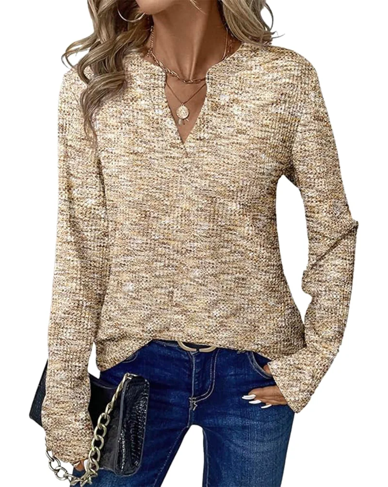 KIRUNDO Waffle Knit V-Neck Long Sleeve Blouse in Apricot