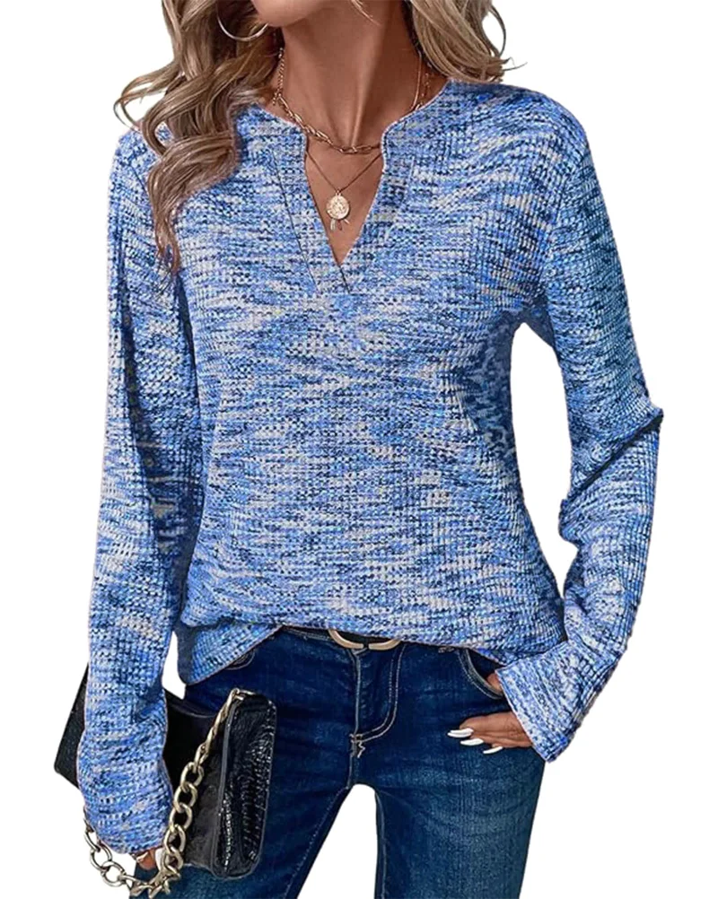 KIRUNDO Waffle Knit V-Neck Long Sleeve Blouse in Baby Blue