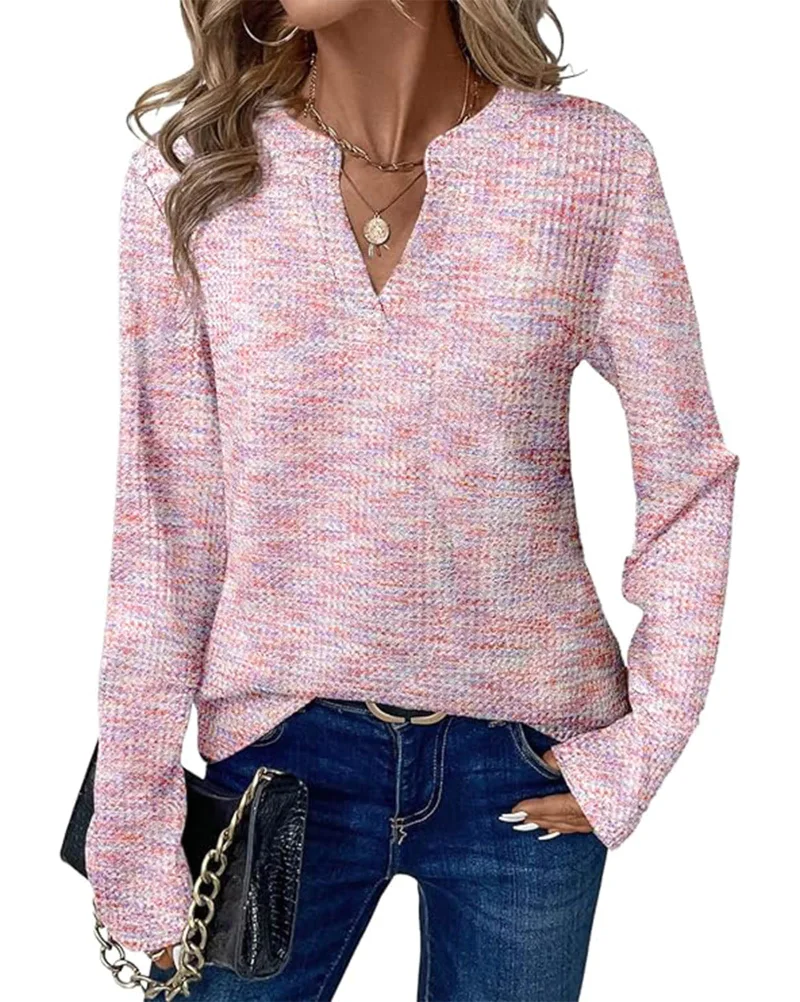 KIRUNDO Waffle Knit V-Neck Long Sleeve Blouse in Pink