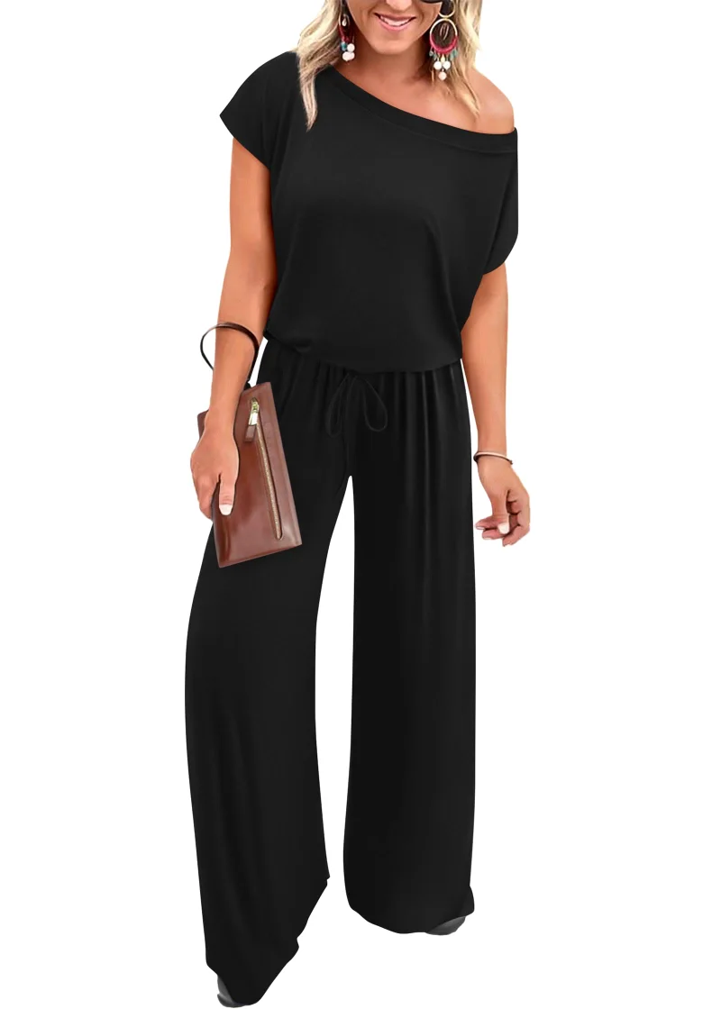 KIRUNDO Wide Leg Off-Shoulder Jumpsuit in Black