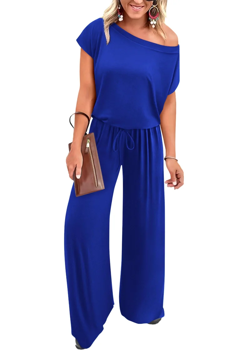 KIRUNDO Wide Leg Off-Shoulder Jumpsuit in Blue